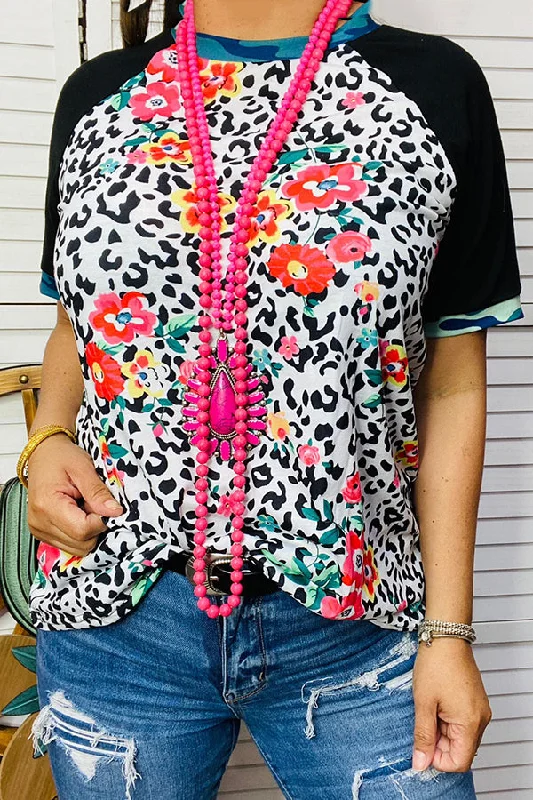 BQ13549S Leopard & flower printed raglan short sleeve t-shirt-- Terry Blend Velvet Blend Canvas Blend