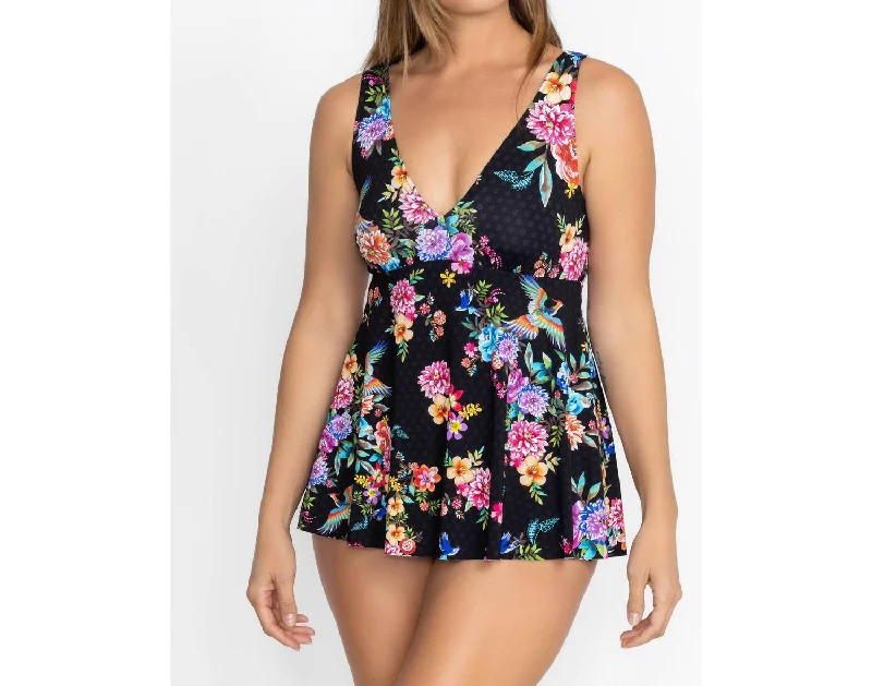 Back Tie Skirted One Piece Swimsuit In Nero Multi Tie-Back Swimwear
