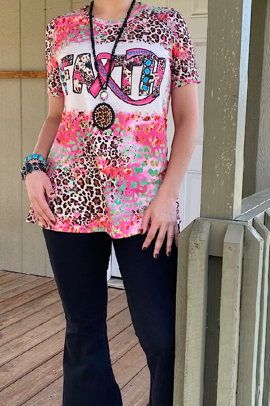 XCH12421 FAITH PINK RIBBON LEOPARD PRINTED SHORT SLEEVE T-SHIRT -- Basic T-Shirt Crew Neck Short Sleeve