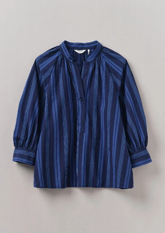 Catrin Cotton Stripe Raglan Shirt | Royal Blue-- Silk Blend Satin Velvet