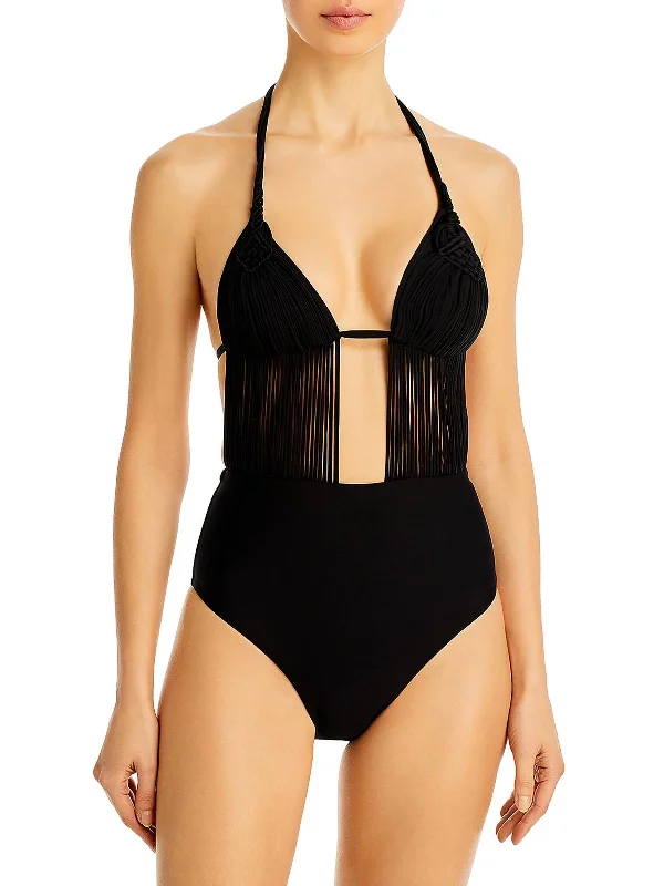 Mila Womens Macrame Plunging One-Piece Swimsuit Adjustable Bikini Bottoms