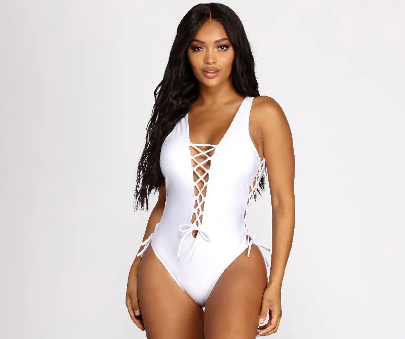 Laced Up and Ready One Piece Swimsuit Comfortable Swim Dress
