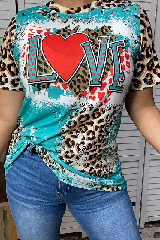 XCH14609 Turquoise & Leopard printed LOVE women t-shirt-- Cotton Fabric Linen Fabric Terry Fabric