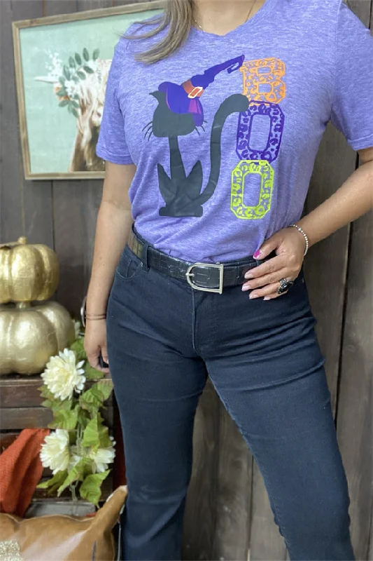 DLH9705 "BOO"Purple Halloween graphic short sleeve top women t-shirt-- Zippered Front Buttoned Front Snap Front