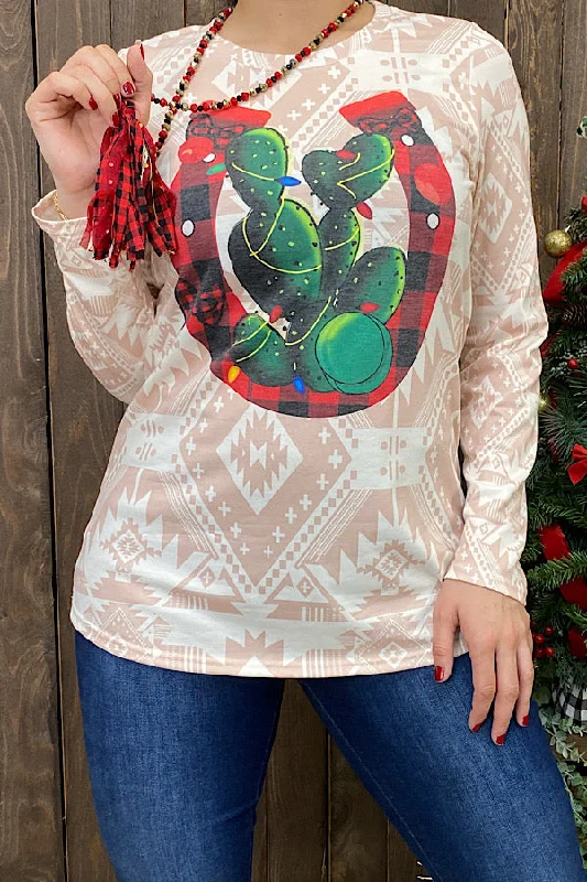 DLH11819-2 Aztec horse shoe & cactus printed long sleeve t-shirt-- Cotton Fabric Linen Fabric Terry Fabric