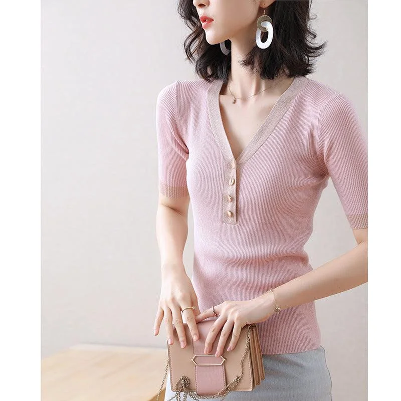 Tianshi short-sleeved knitted female thin section 2021 summer new women's T-shirt repair machine round collar-- Collared T-Shirt Boat Neck A-Line