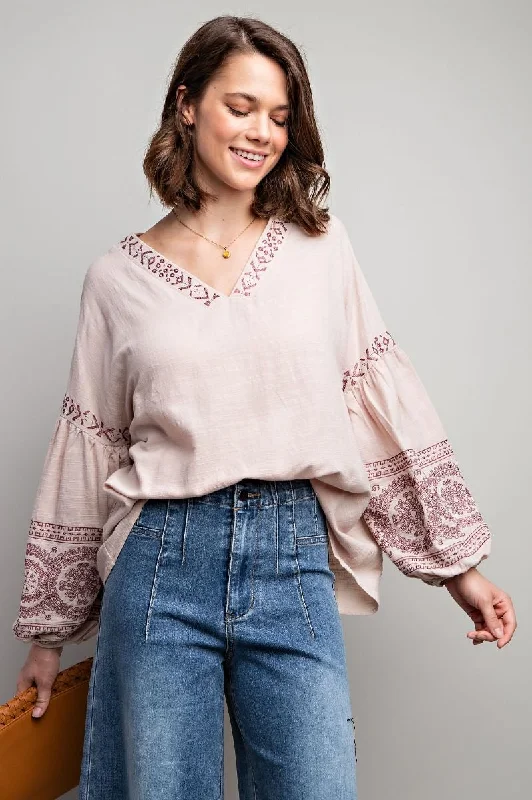 Boho Shirt with Embroidery Detail-- Collared T-Shirt Boat Neck A-Line