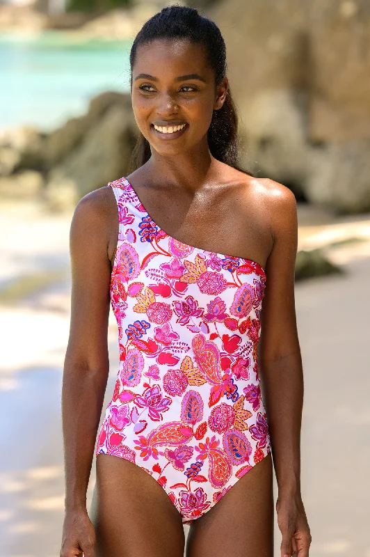 Recycled One Shoulder Swimsuit | Paisley Pink Mesh Detail Bikini