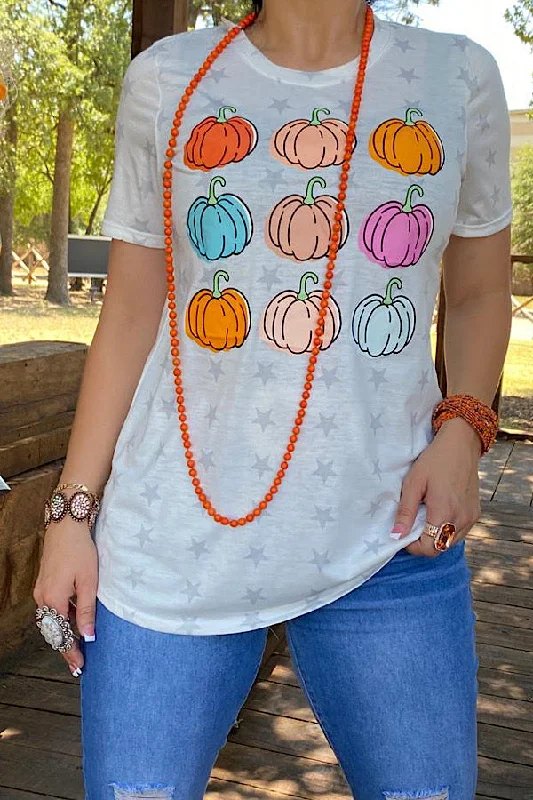 DLH10904 Multi color pumpkin printed t-shirt-- Striped Floral Plaid