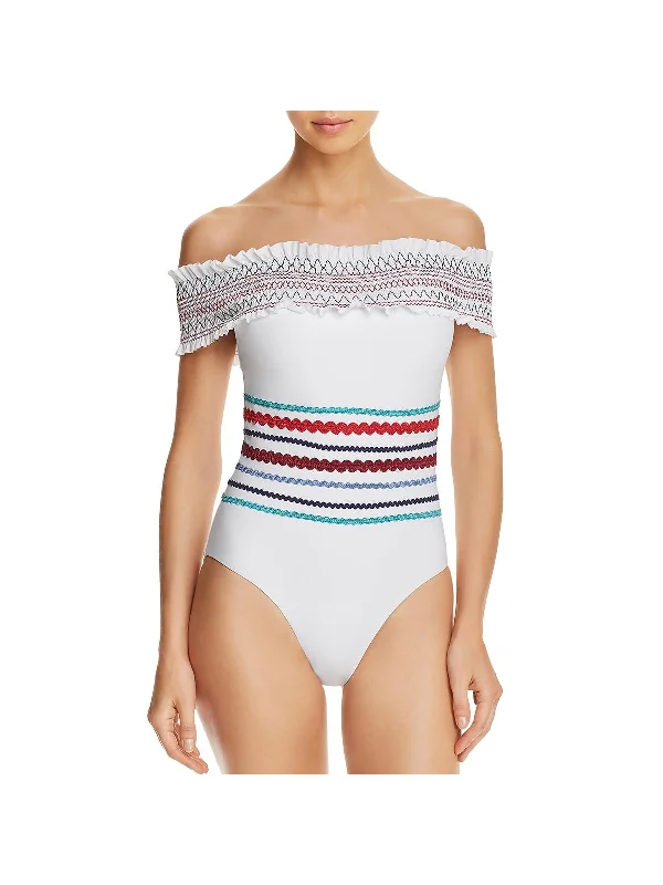 Womens Smocked Off Shoulder One-Piece Swimsuit Stylish Cover-Up Set