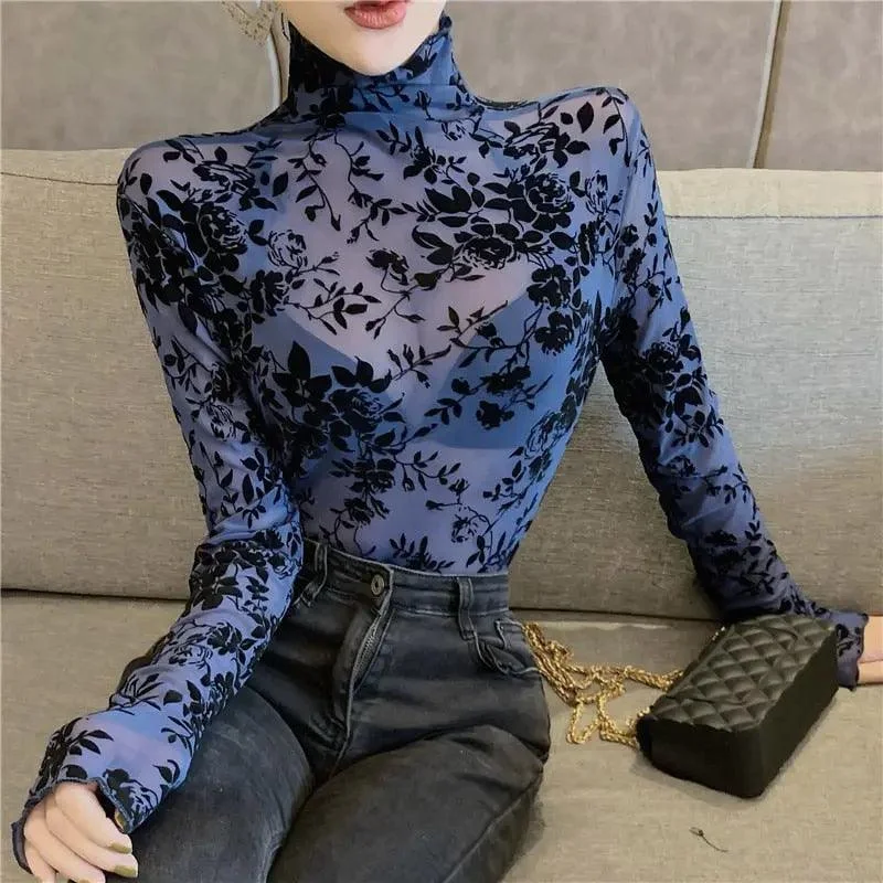 Transparent Flocking Mesh Blouses Shirts for Women-- Elegant Classic Vintage