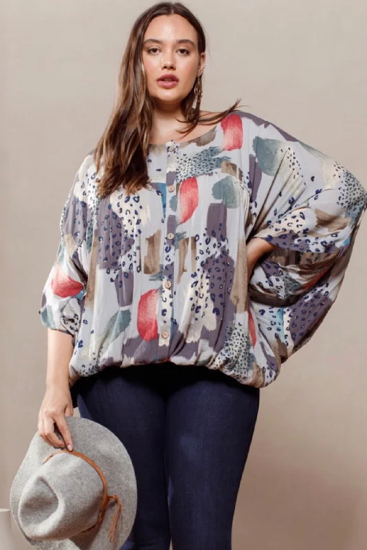 Curve - Mix Print Shirt-- Fleece Nylon Spandex