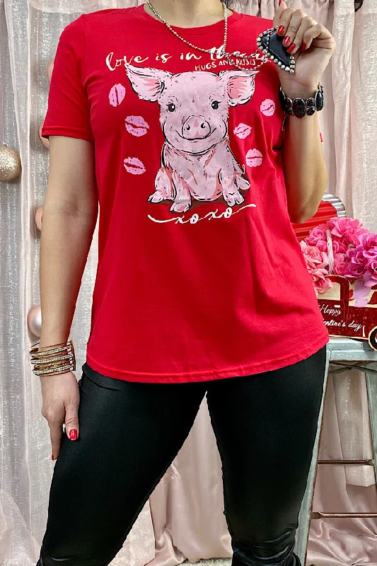 DLH10490 "LOVE IS IN THE AIR" Red cute pig printed t-shirt-- Striped Floral Plaid