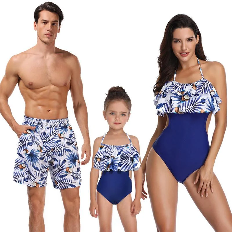 Family Matching Blue Coconut Swimsuits Lace-Detail Bikini Set