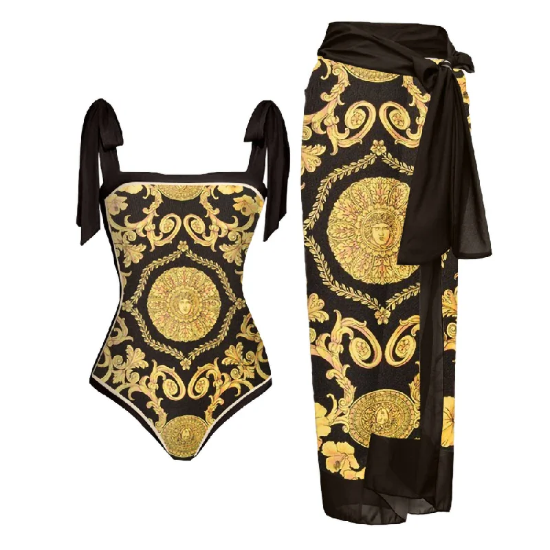 Sexy Black & Gold Italian Print 1pc Swimsuit & Sarong Set Vibrant Bikini Bottoms