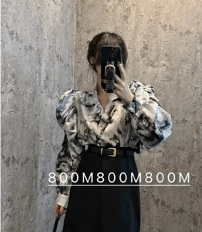 LANFUBEISI  Elegant Print Puffed Sleeve Blouse Top Autumn Womens Turn-Down Collars Half Sleeve Tie Dye Blouses Shirt Outwears-- Elasticated Padded Insulated