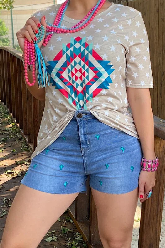 DLH12321 Beige star & Aztec printed t-shirt-- Nylon Fabric Polyester Fabric Spandex Fabric