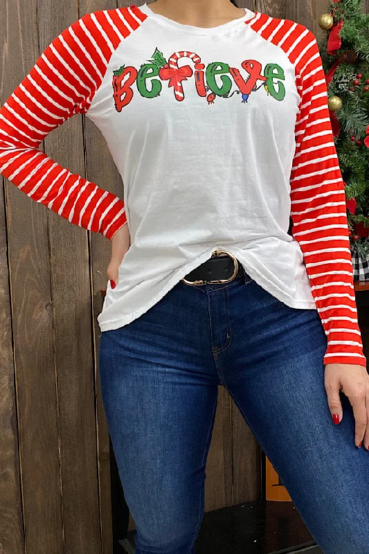 DLH9898 BELIEVE Candy cane Christmas t-shirt-- Nylon Fabric Polyester Fabric Spandex Fabric