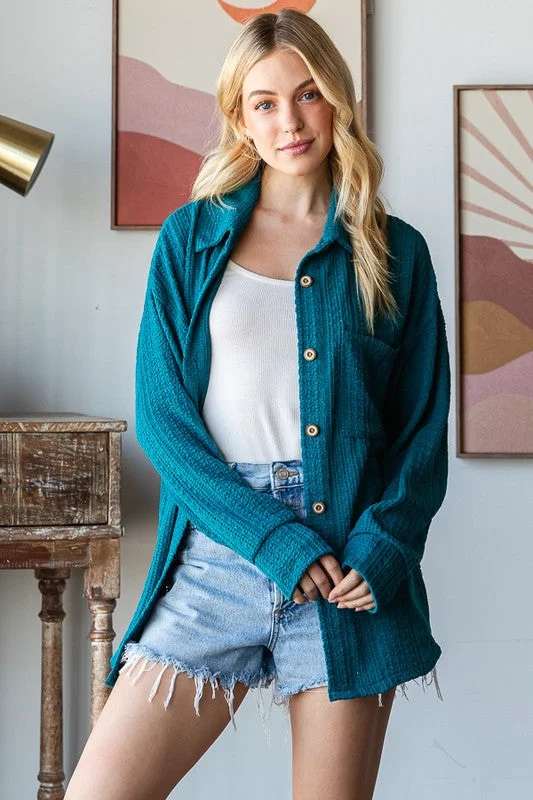 Between You And Me Teal Textured Button Shirt-- Rayon Velvet Corduroy