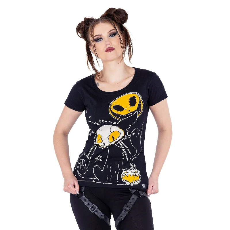 SPOOKY CAT T SHIRT - BLACK/ORANGE-- Collared T-Shirt Boat Neck A-Line
