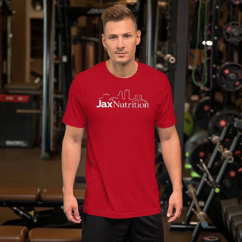 Jax Nutrition White Logo Short-Sleeve Unisex T-Shirt (Bella + Canvas 3001)-- Graphic Embroidered Appliqued