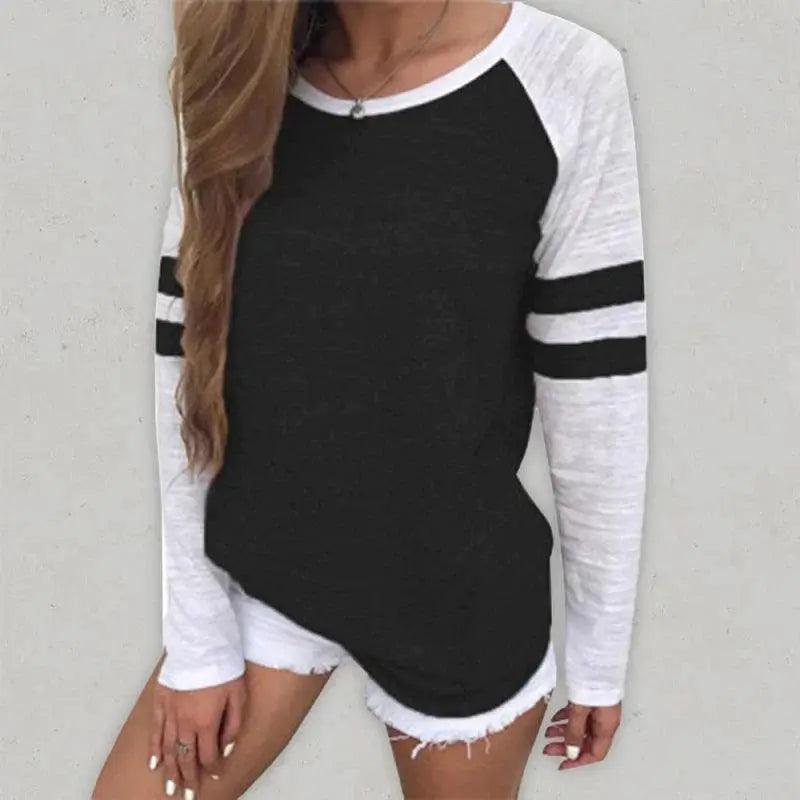 Women’s Colorblock Stripe Long Sleeve T Shirt-- Mesh Blend Leather Blend Suede Blend