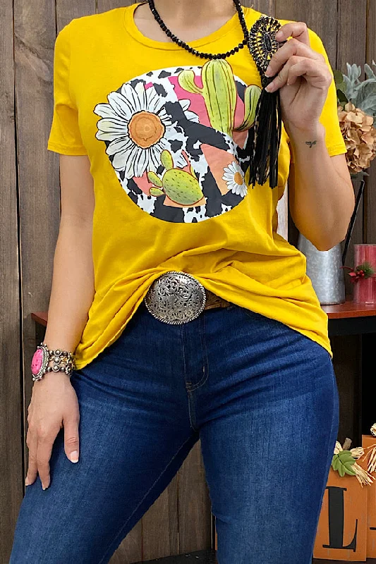 DLH10487 Yellow cow peace sign & cactus printed short sleeve t-shirt-- Casual Formal Business