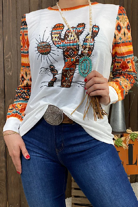 XCH10516 White Cactus & Aztec printed long sleeve t-shirt-- Elasticated Padded Insulated