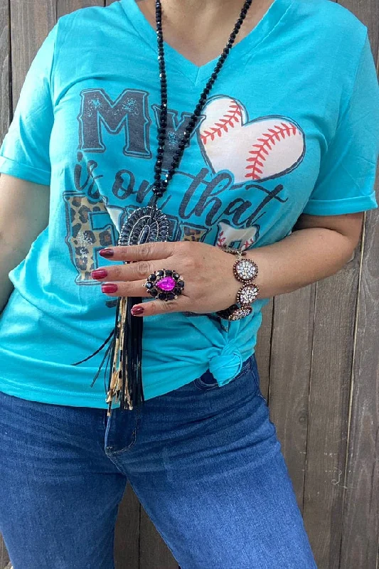 XCH13473 "MY HEART IS ON THAT FIELD" Baseball & leopard printed turquoise t-shirt-- Polka Dot Checkered Tartan