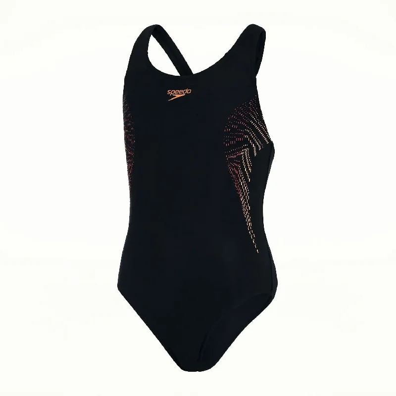 Speedo Plastisol Placement Muscleback Swimsuit - Girls - Black/Orange Luxury Swimsuit Style