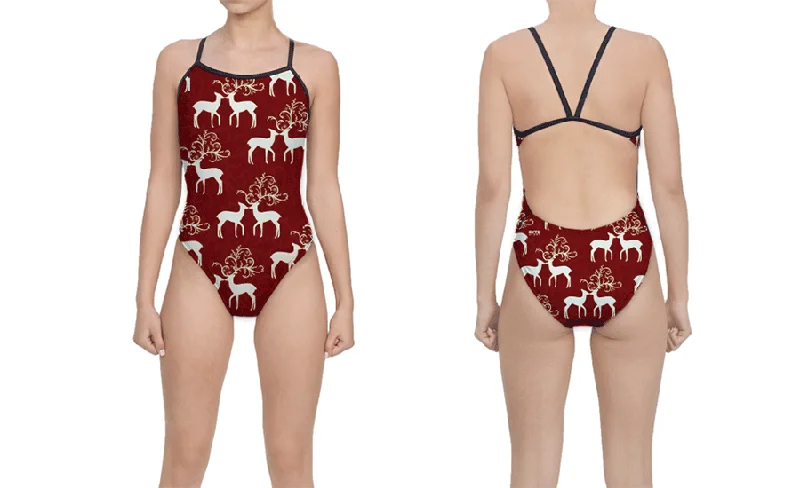 Holiday Kissing Deer Red Women’s Open Back Thin Strap Swimsuit High-Waisted Swimwear