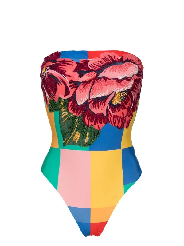 Farm Rio Women's Blue Winter Garden One Piece Halter Swimsuit Tropical Print Bikini
