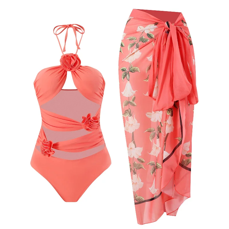One Piece Swimsuit with Cover Up (4 colors) Halter Neck Swimsuit
