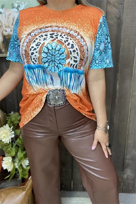 XCH14061 Turquoise jewel & leopard printed orange women t-shirt-- Seamless Knitted Crochet