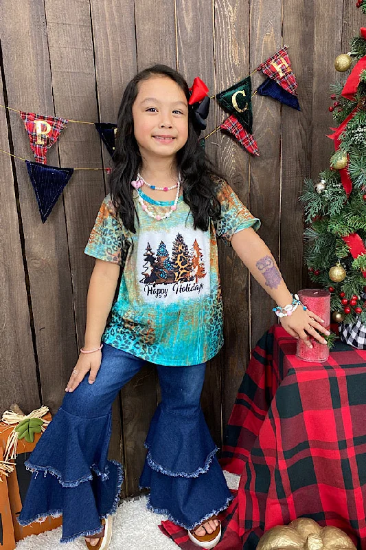 XCH0722-9H Turquoise Happy holidays tree printed short sleeve girl t-shirt-- Zippered Front Buttoned Front Snap Front