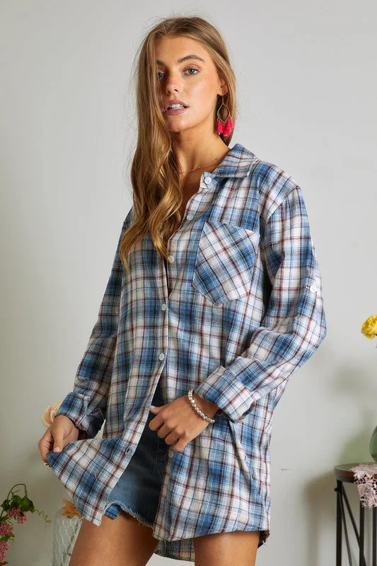 Cool Is Casual Blue Plaid Shirt (Size Small)-- Fleece Nylon Spandex