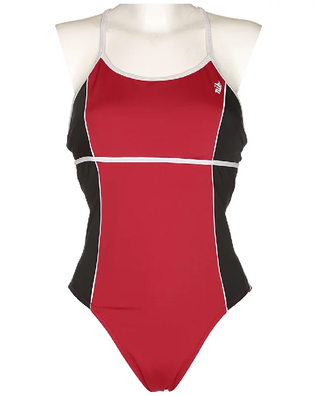 90s Nike Red & Black Swimsuit - M Lace Back Bikini
