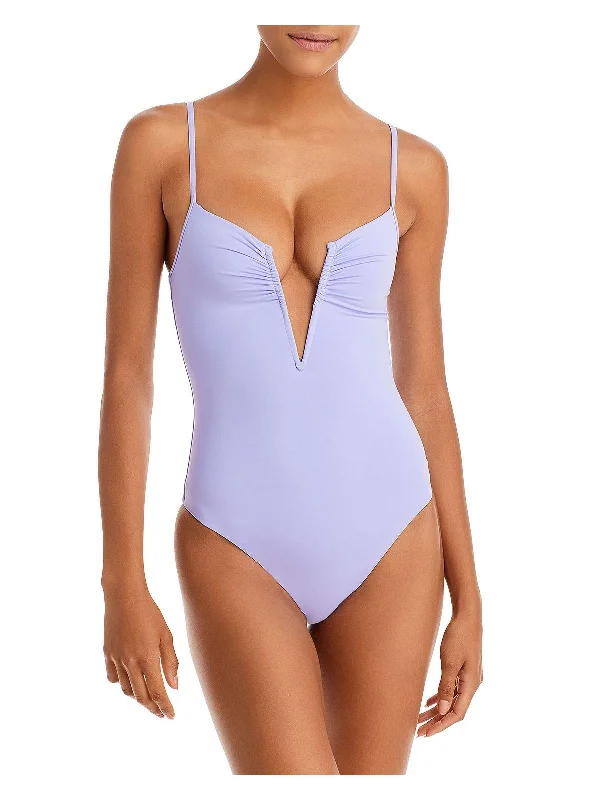 Roxanne Womens Plunge Split Neck One-Piece Swimsuit Mesh Detail Bikini