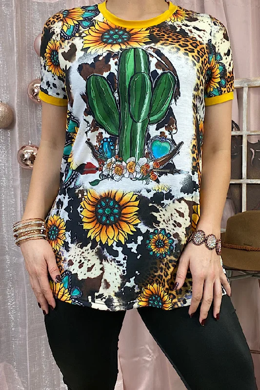 XCH12215 Cactus & sunflower cow printed t-shirt-- Spandex Blend Rayon Blend Denim Blend