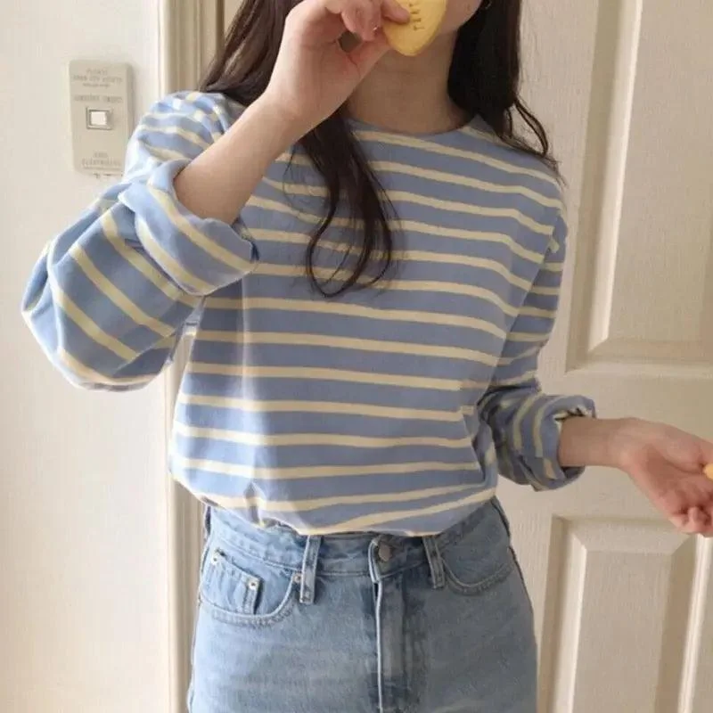 Casual Oversized Long Sleeve Striped T-Shirt for Women-- Fashionable Trendy Casual