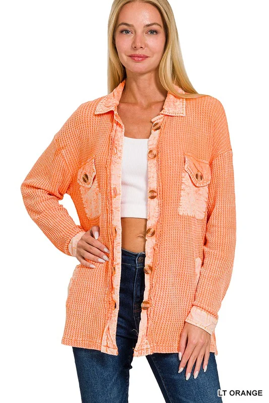 Live Colorfully Light Orange Color Block Button Waffle Shirt-- Nylon Fabric Polyester Fabric Spandex Fabric