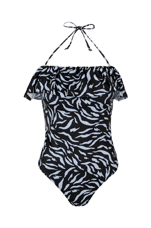 Black with Pale Blue Zebra Swimsuit Swim Dress with Belt
