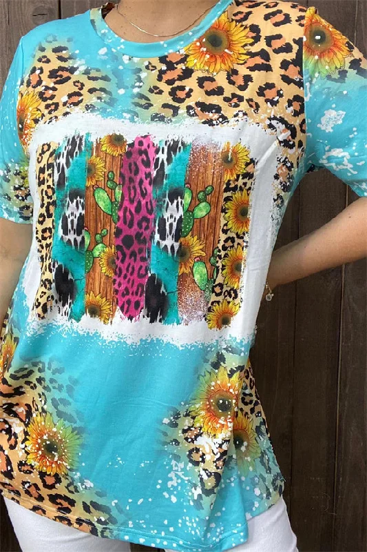 XCH12552 Turquoise leopard multi color printed short sleeves t-shirt-- Terry Blend Velvet Blend Canvas Blend