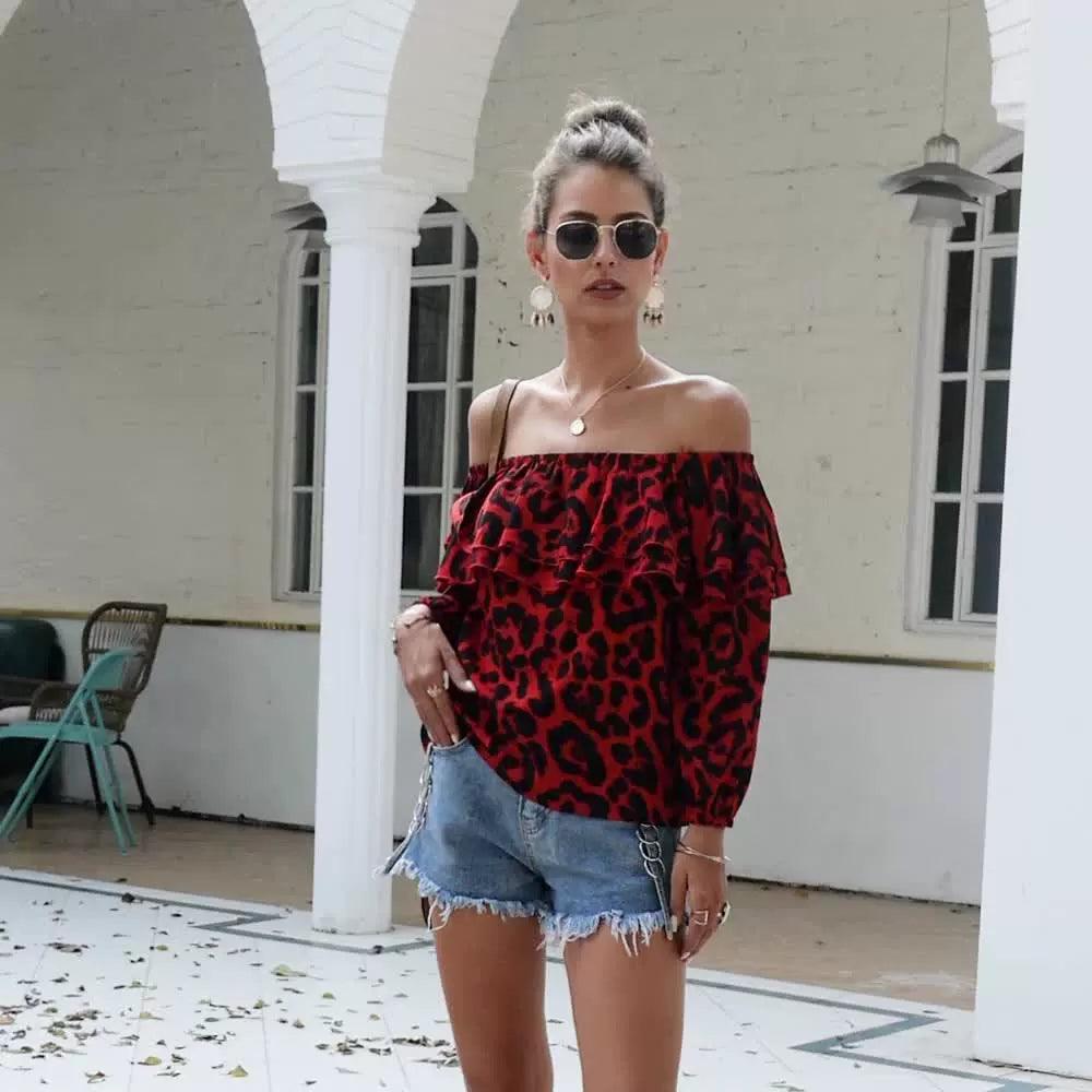 Original design European and American fashion elements leopard print one-shoulder top 2020 spring and summer new 7-point sleeve women's T-shirt-- Asymmetrical Pockets Print