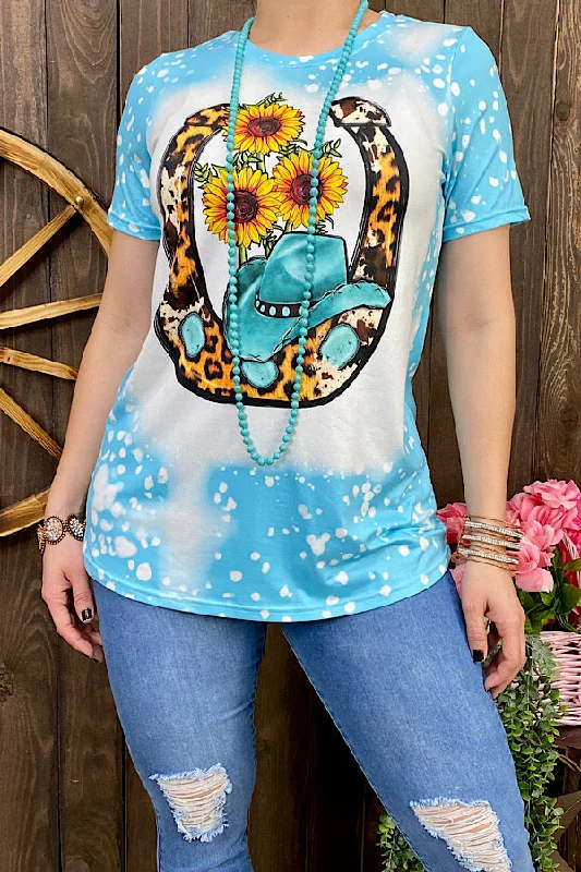 DLH0824-20 Blue horse shoe hat & sunflower printed t-shirt-- Solid Print Embellished