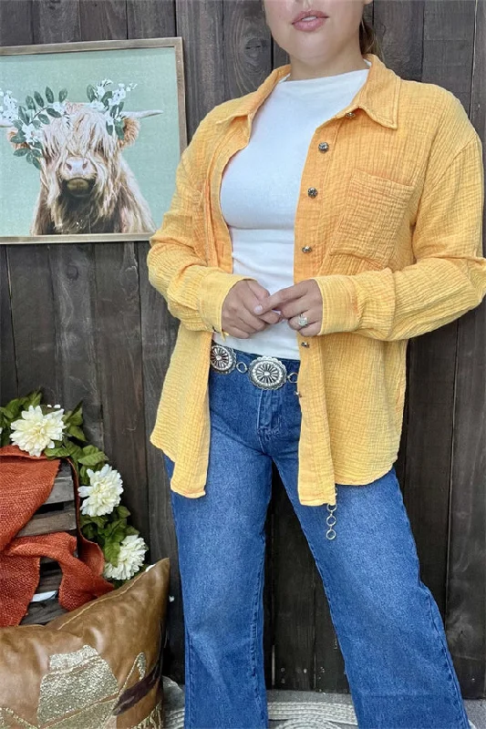 XCH15255 Yellow solid color w/front pockets w/buttons long sleeve women shirt-- Welt Pockets Slit Pockets
