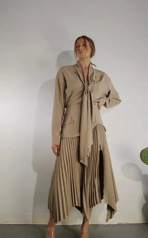 Taupe Tie Neck Shirt & Pleated Skirt Set-- Collared Crew Neck Turtle Neck