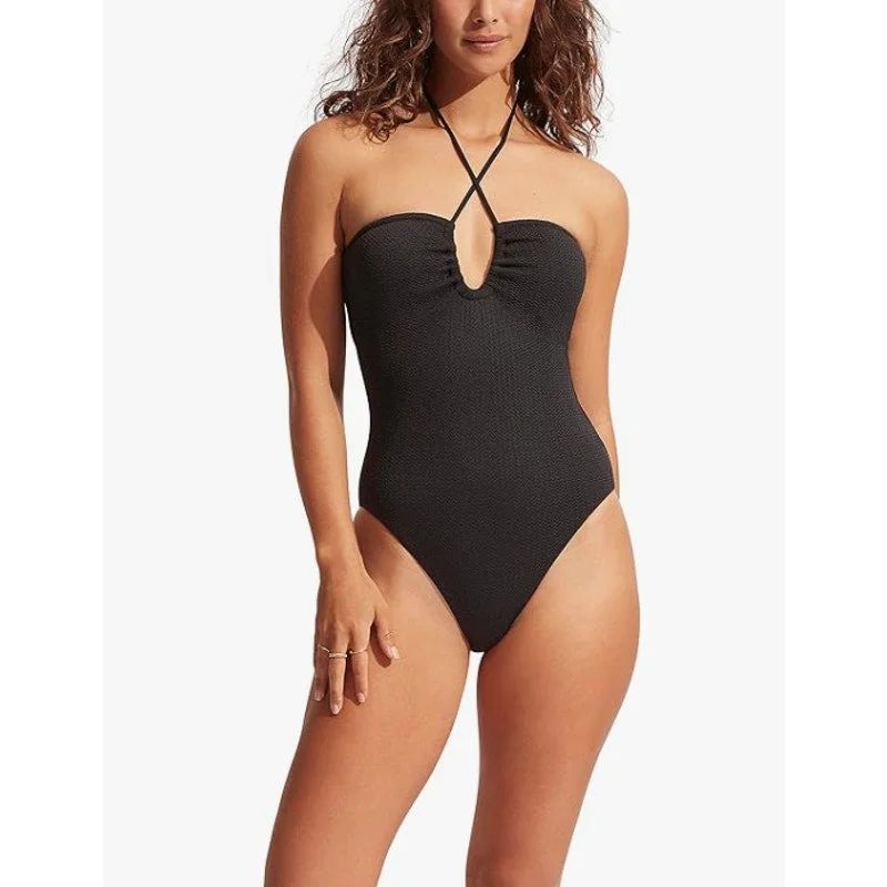 SEAFOLLY Womens Sea Dive Halter Bandeau One Piece Swimsuit US 6 Black Bold Swimsuit Design