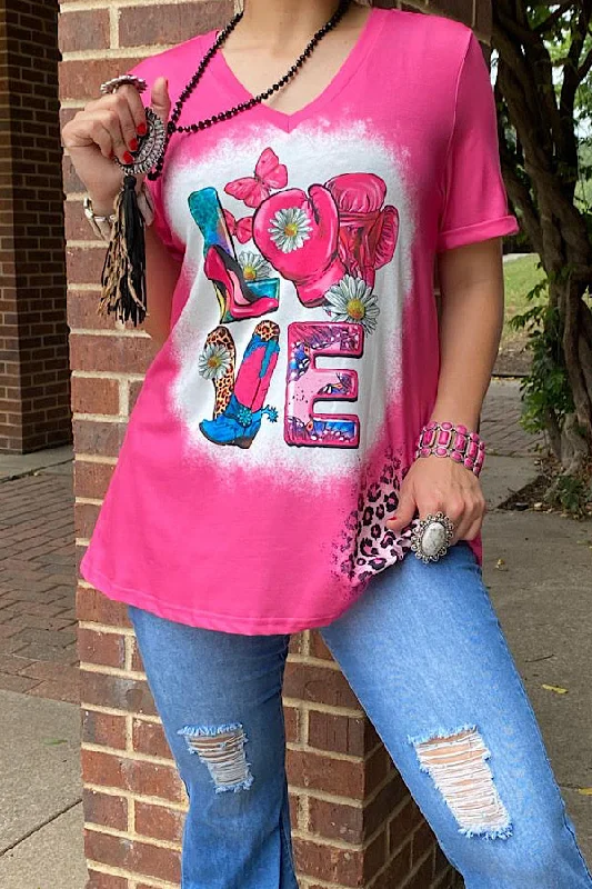 XCH13490C LOVE pink girl power printed t-shirt -- Basic T-Shirt Crew Neck Short Sleeve