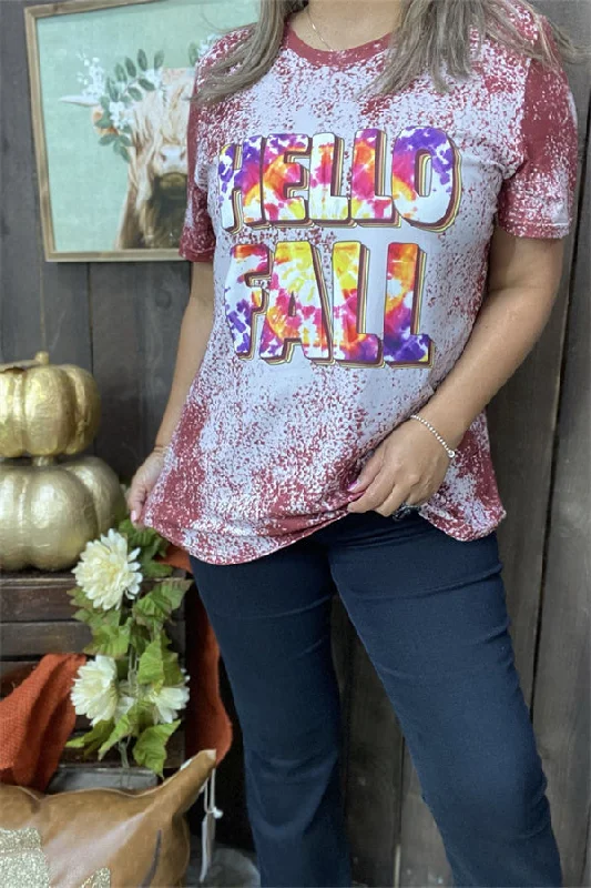 DLH9674 HELLO FALL tie dye printed short sleeve t-shirt-- Front Pockets Side Pockets Patch Pockets